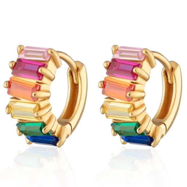 Rainbow Baguette Huggie Earrings