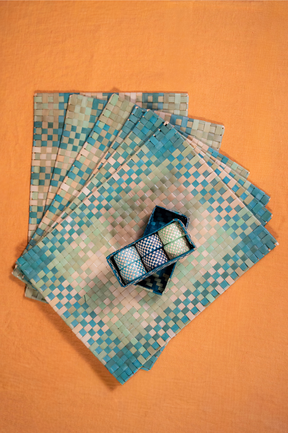 Blue Reed Placemats & Napkin Rings - Set of 6 for each