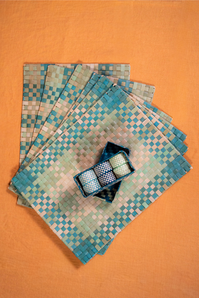 Blue Reed Placemats & Napkin Rings - Set of 6 for each
