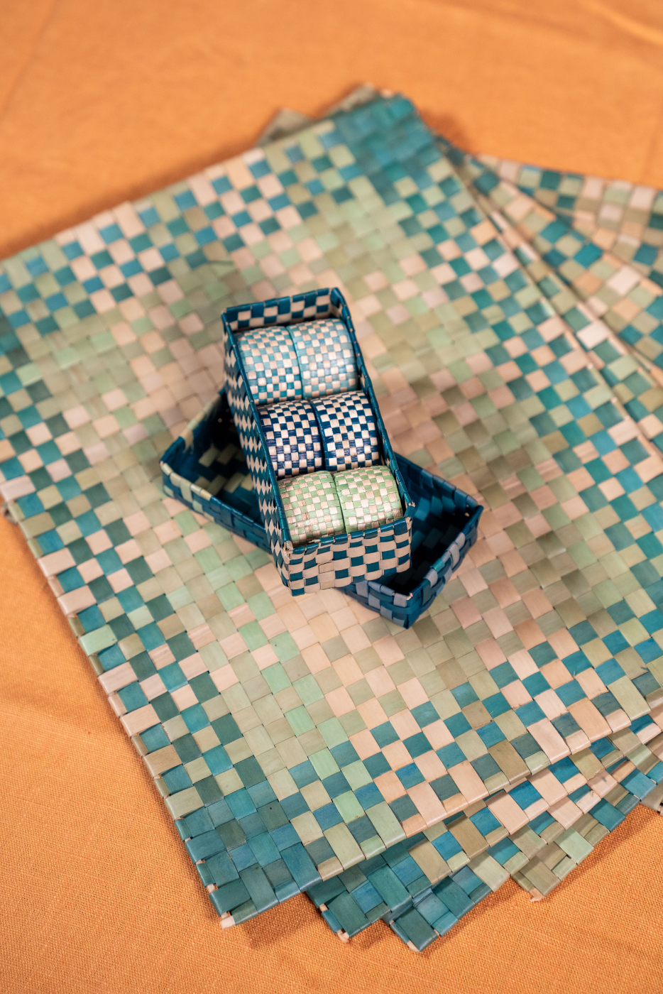 Blue Reed Placemats & Napkin Rings - Set of 6 for each