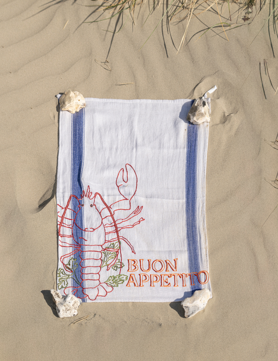 mediterranean buon appetito hand embroidered tea towel with lobster 
