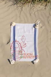 mediterranean buon appetito hand embroidered tea towel with lobster 