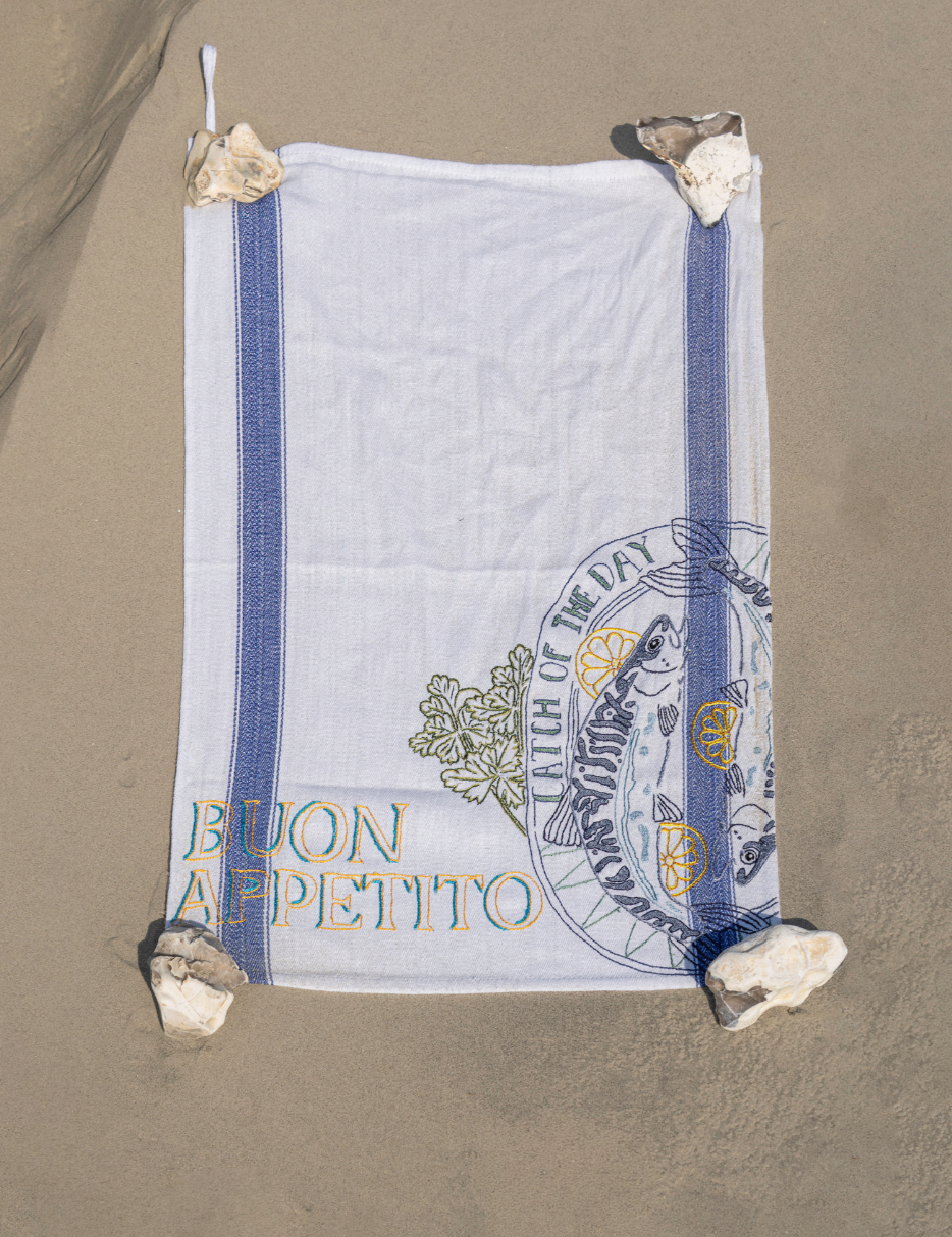 mediterranean buon appetito hand embroidered tea towel with fish