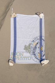 mediterranean buon appetito hand embroidered tea towel with fish