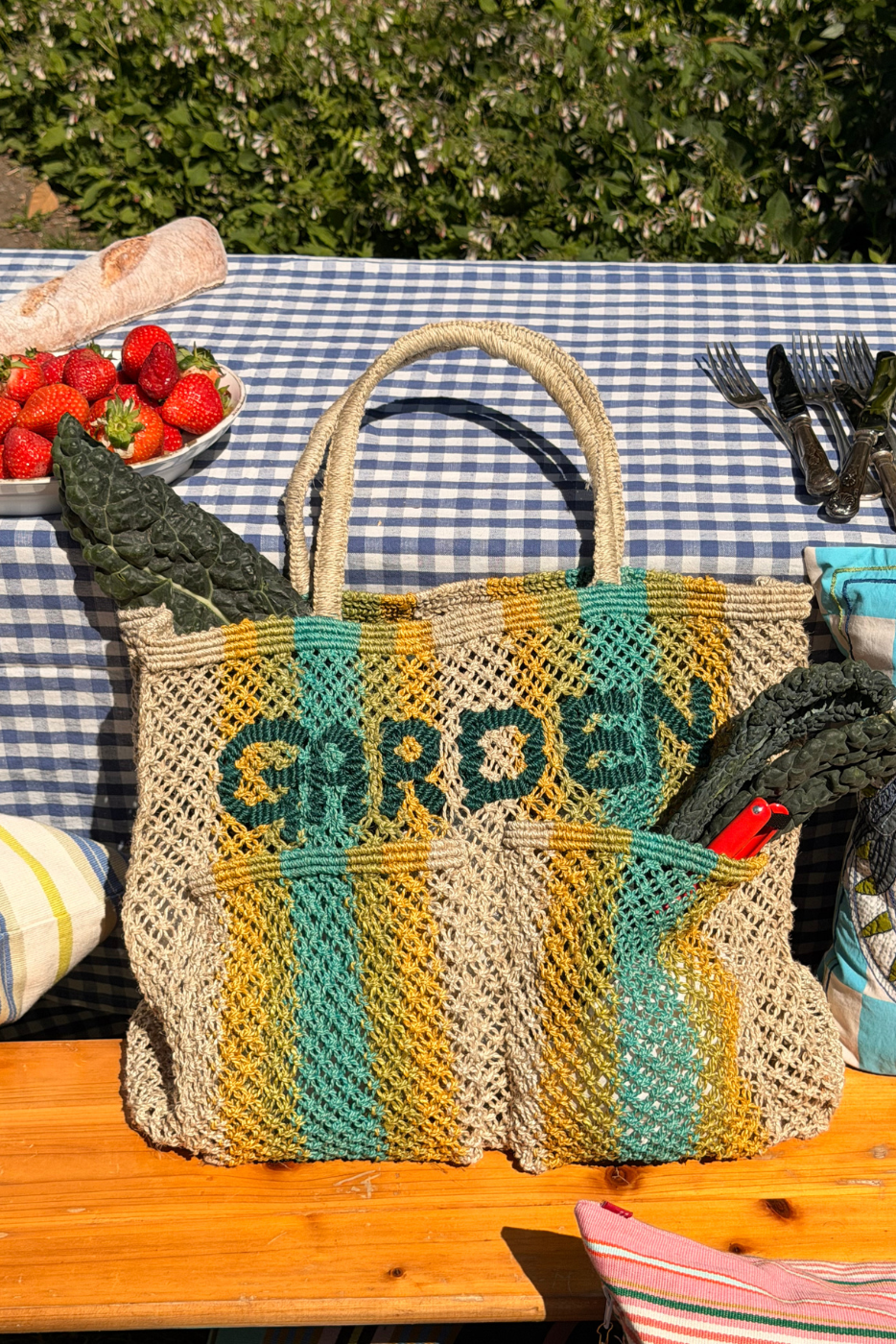 jute bag garden natural with yellow and aqua