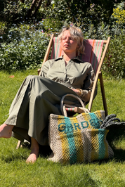 jute bag garden natural with yellow and aqua