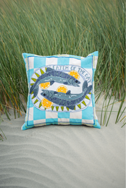 embroidered cushion with mackrel fish and lemons 