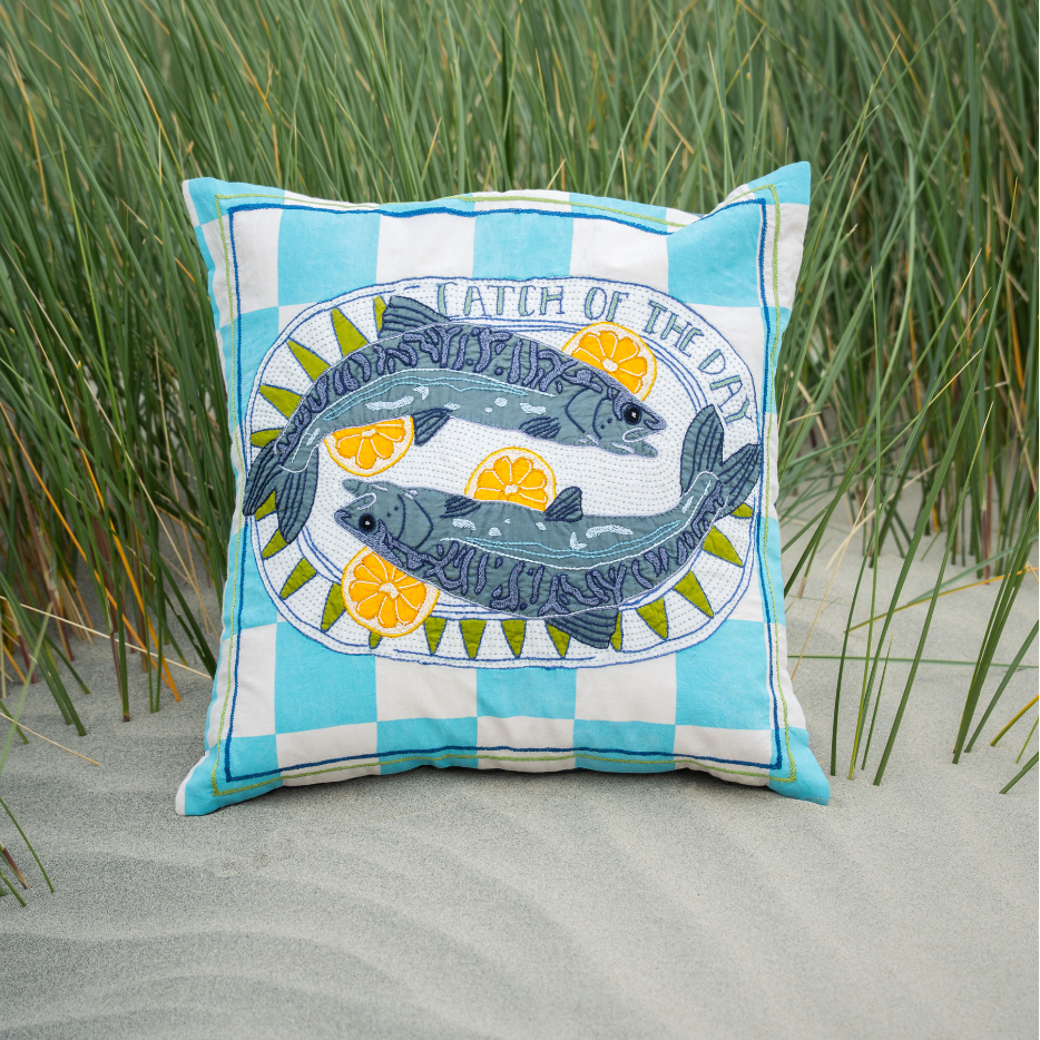 embroidered cushion with mackrel fish and lemons 