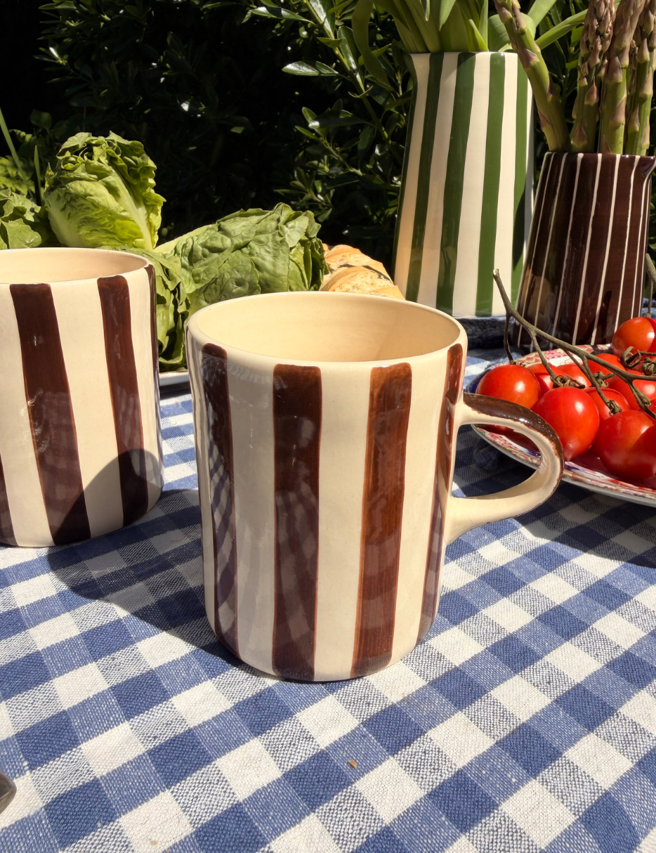 brown and cream striped mug