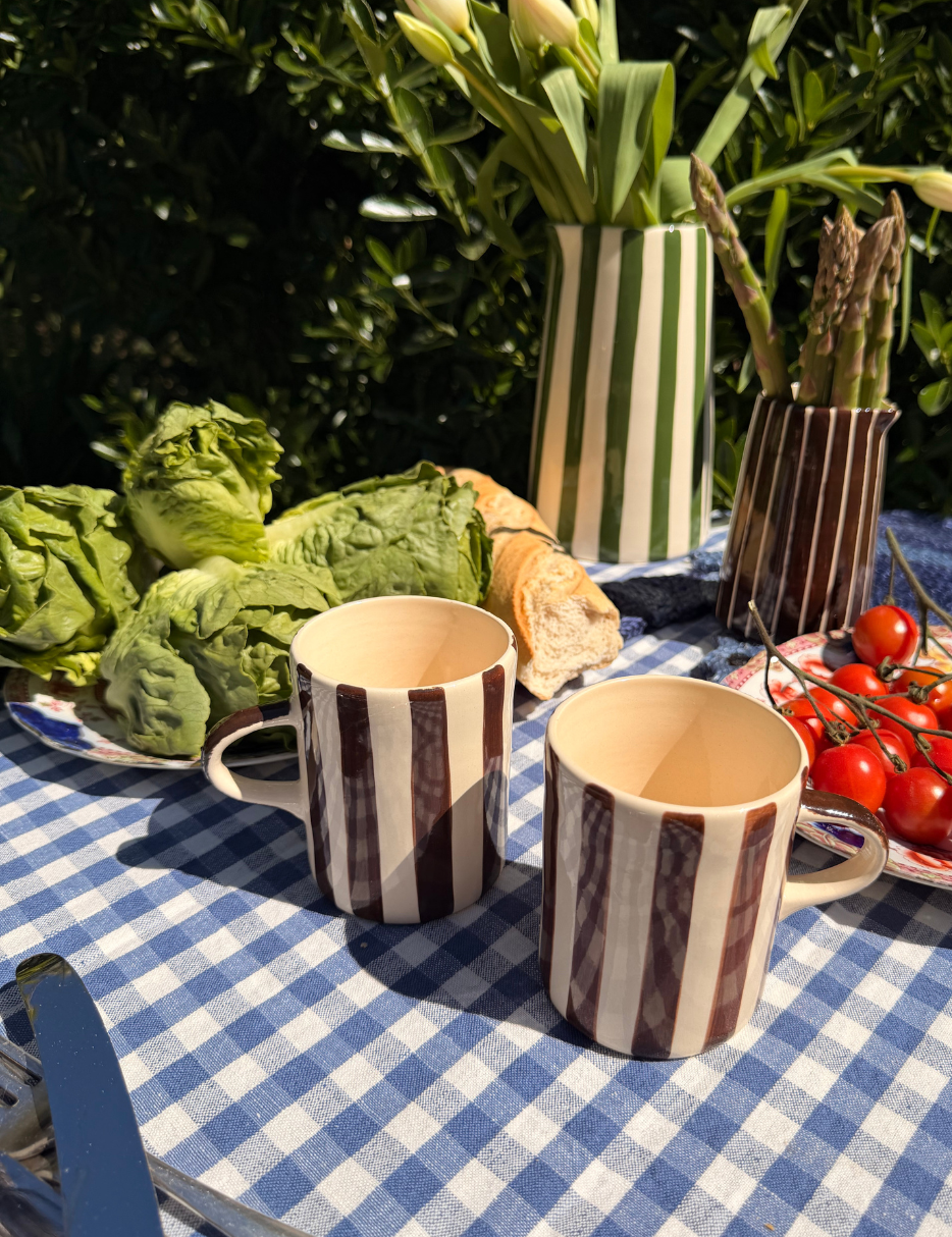 brown and cream striped mug