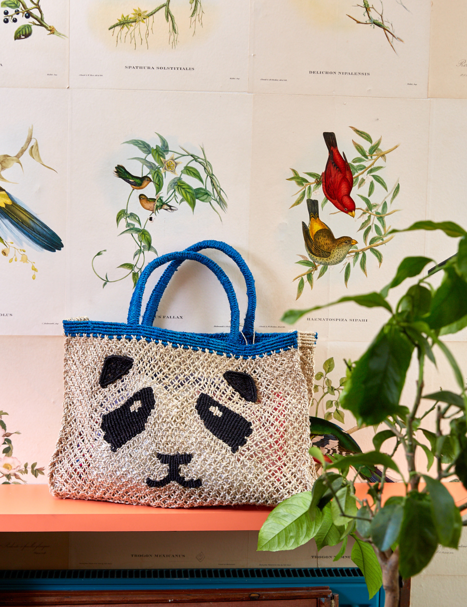 jute bag with panda face black and blue