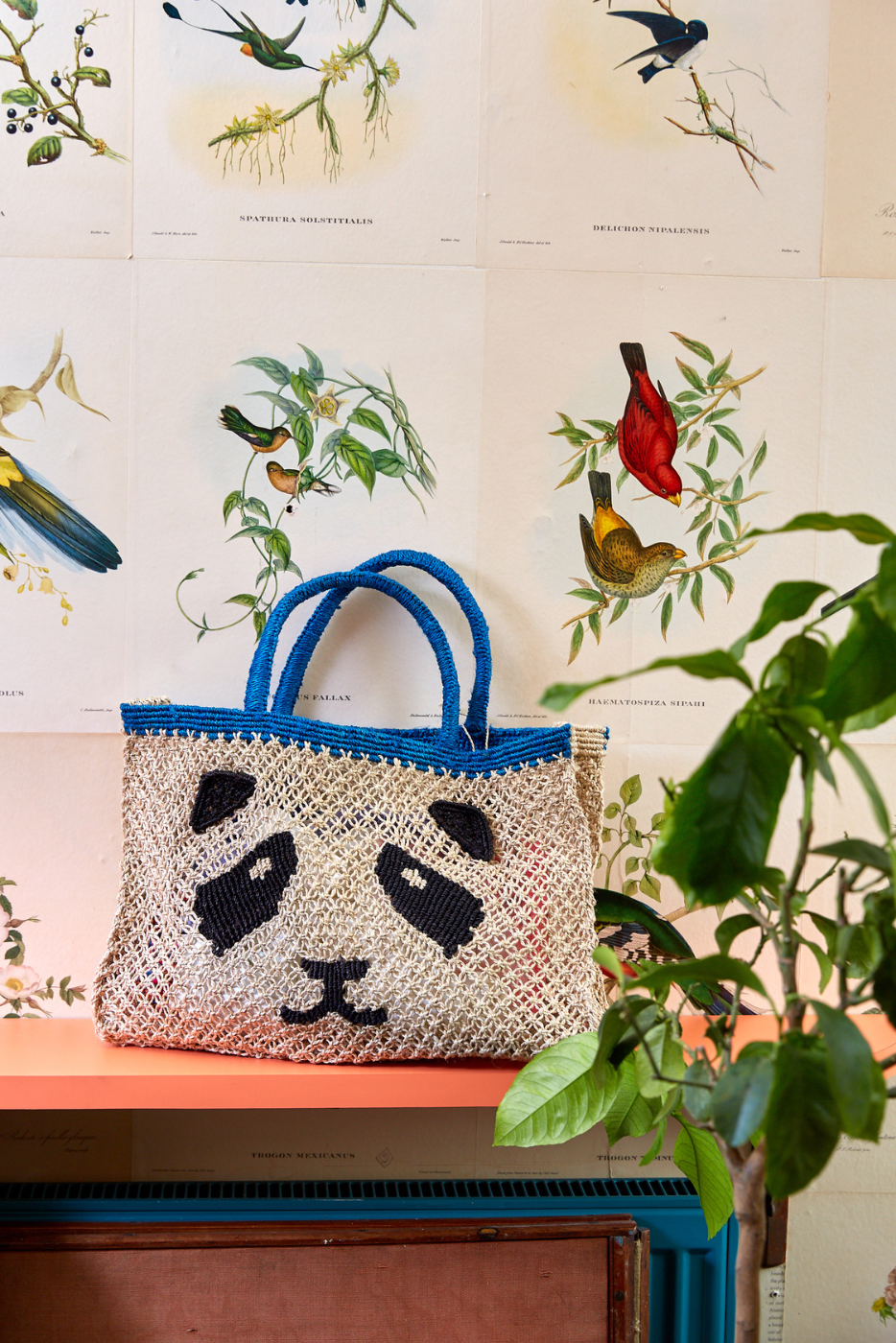 jute bag with panda face black and blue