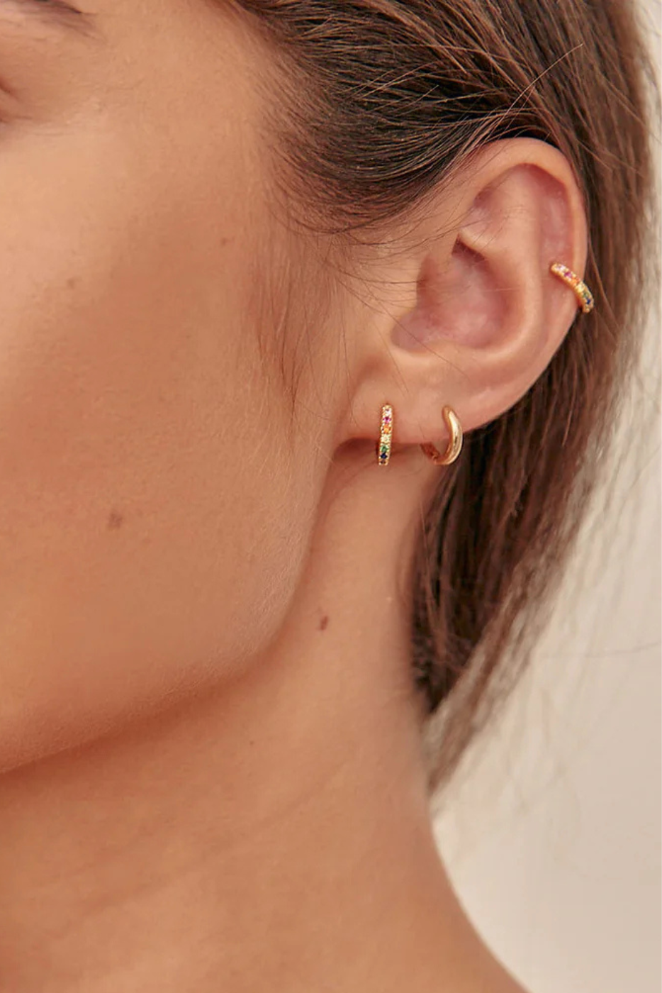 Gold Hoop Earring with Rainbow Stones