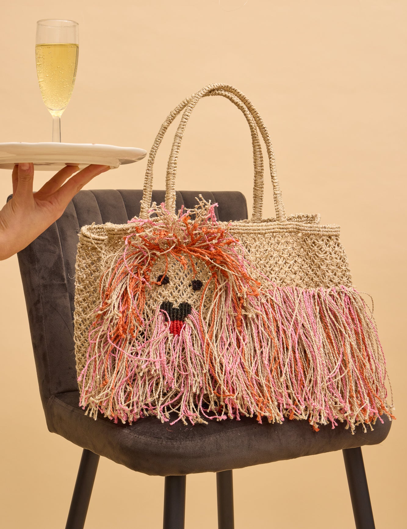 jute bag dog, natural and pink