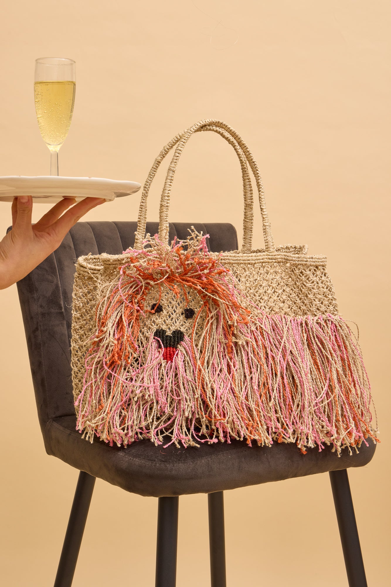 jute bag dog, natural and pink