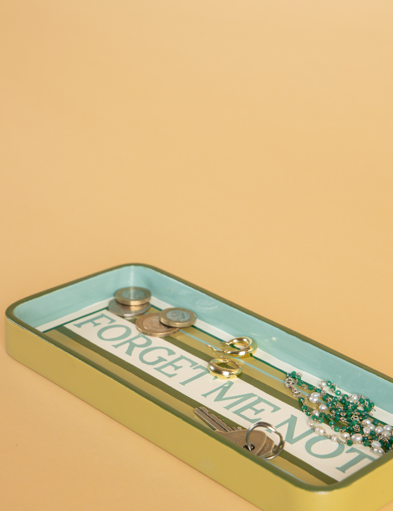 small rectangular hall tray, hand painted, green and pale blue striped, with "forget me not" in elegant writing 