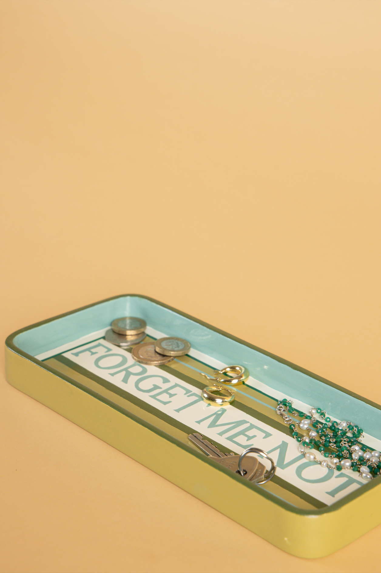 small rectangular hall tray, hand painted, green and pale blue striped, with "forget me not" in elegant writing 