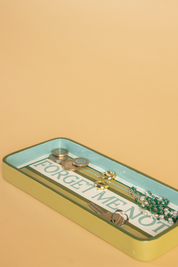 small rectangular hall tray, hand painted, green and pale blue striped, with "forget me not" in elegant writing 