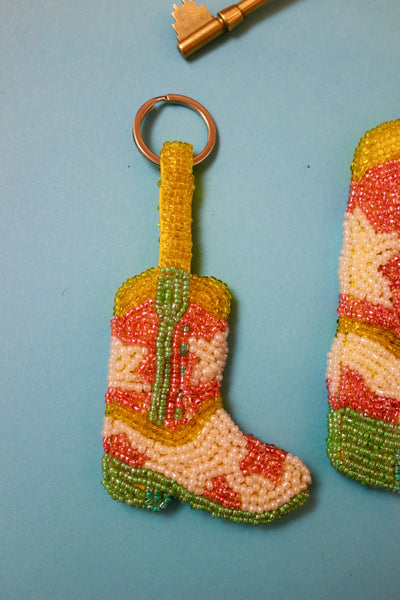 Cowboy boot beaded charm keyring - Pink