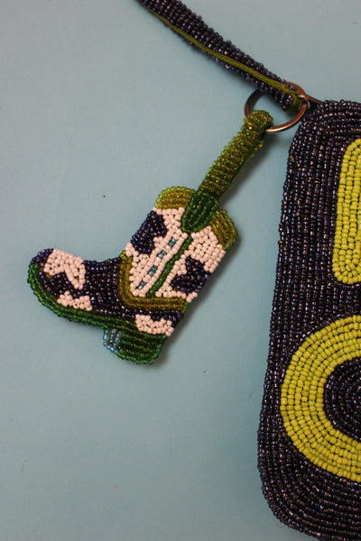 Cowboy boot beaded charm keyring - Blue