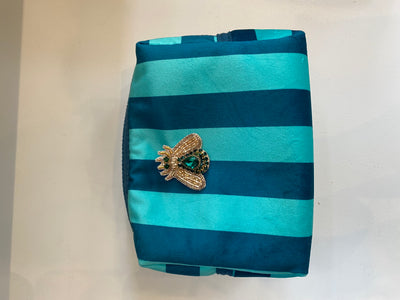 Large Make Up Bag in Teal Stripe with Insect