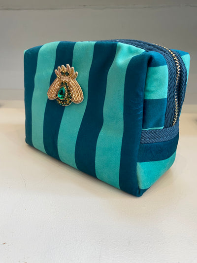 Large Make Up Bag in Teal Stripe with Insect