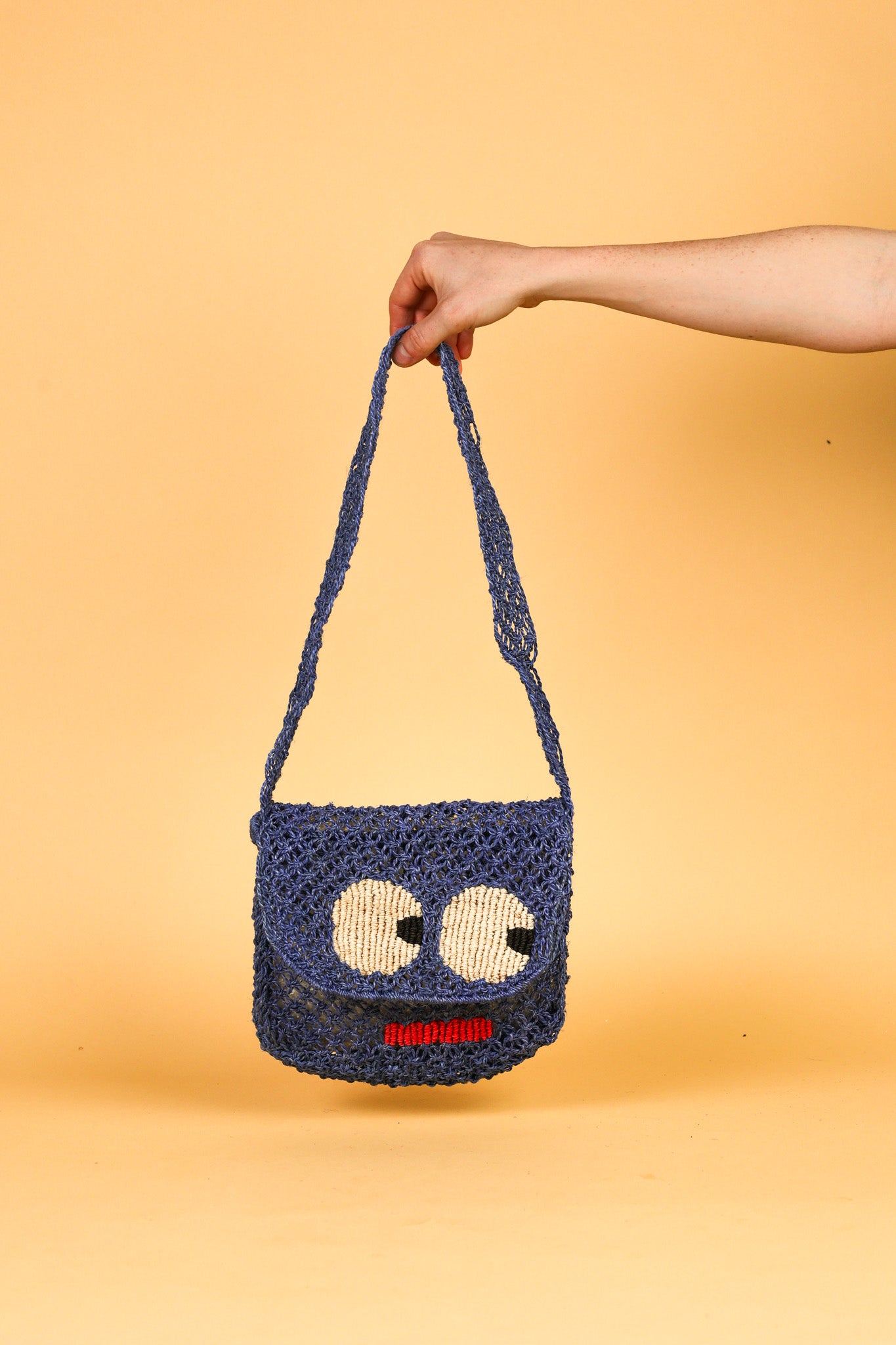 jute bag blue with big eyes 