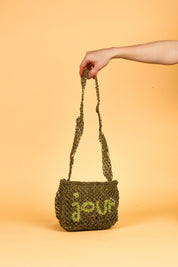 small jute bag bonjour olive and lime 