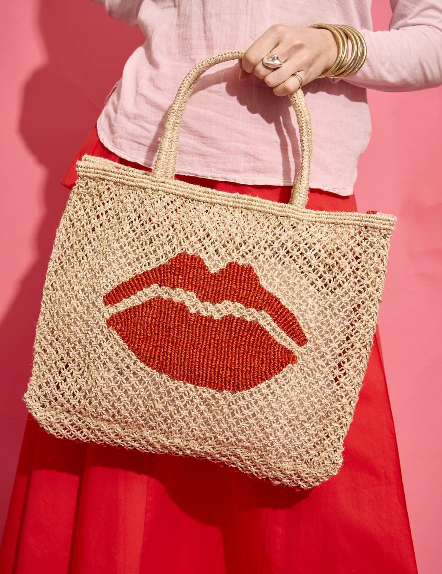 jute bag natural with red lips 