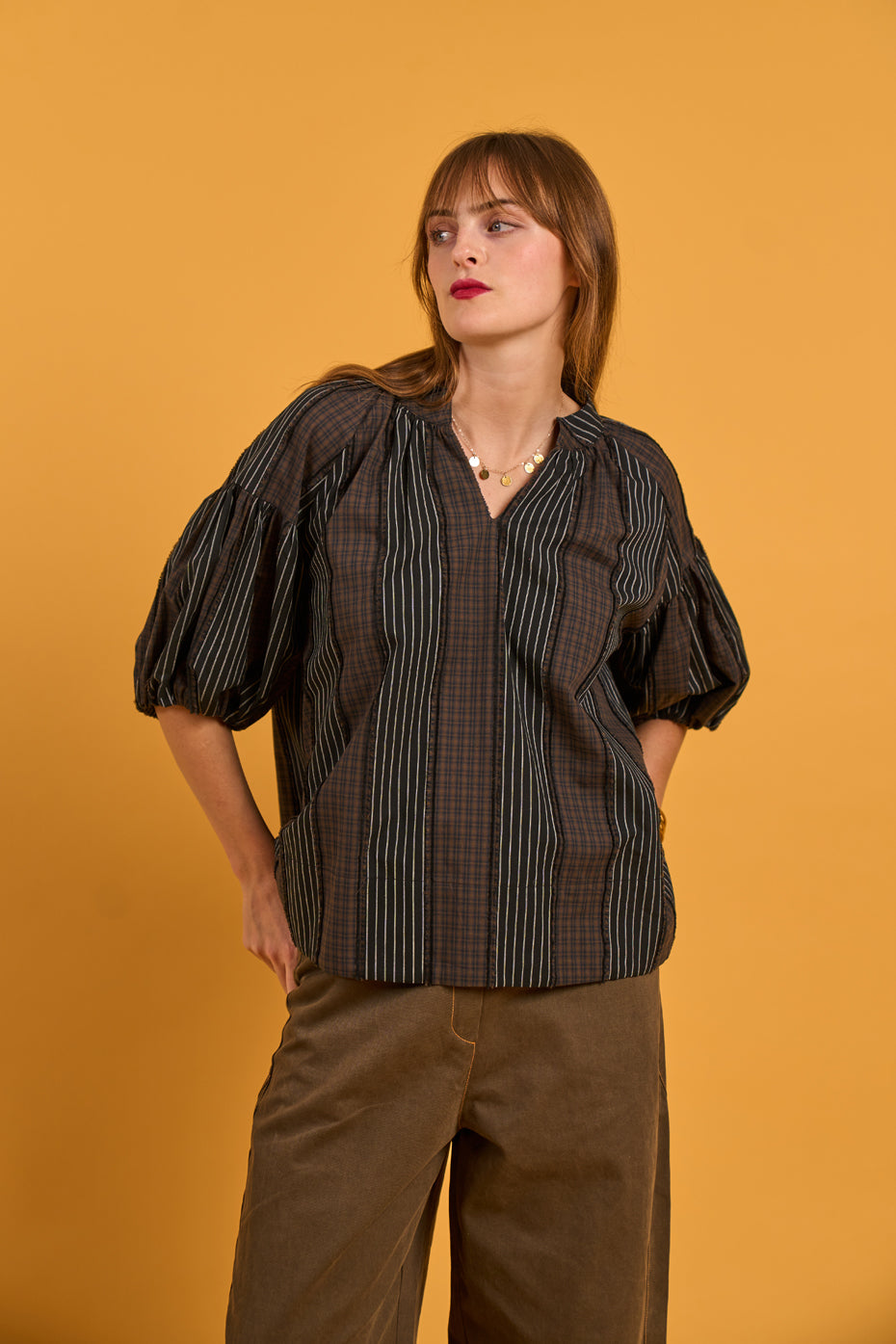 Brown Stripe Check Volume Shirt