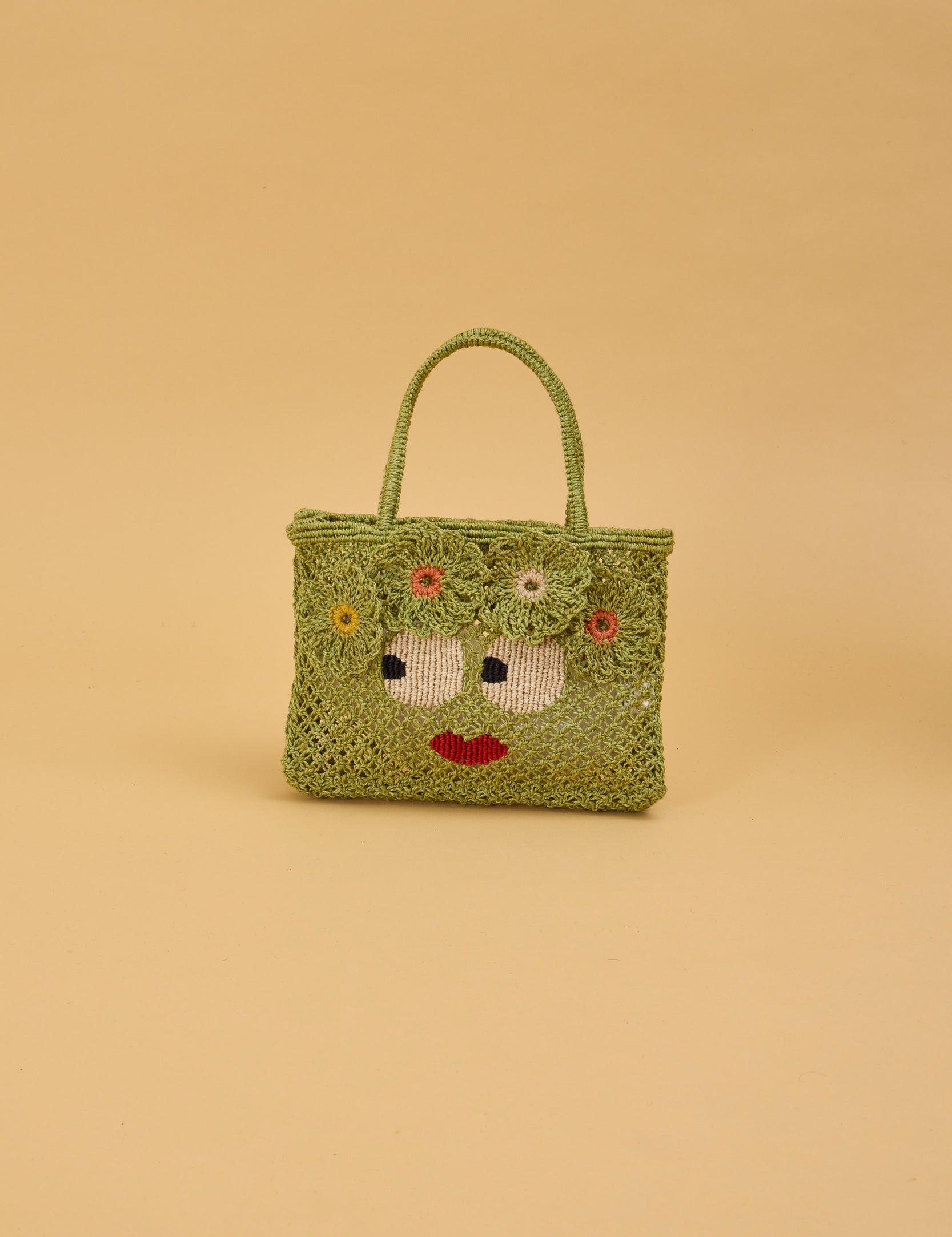 jute bag green with big eyes and flowers