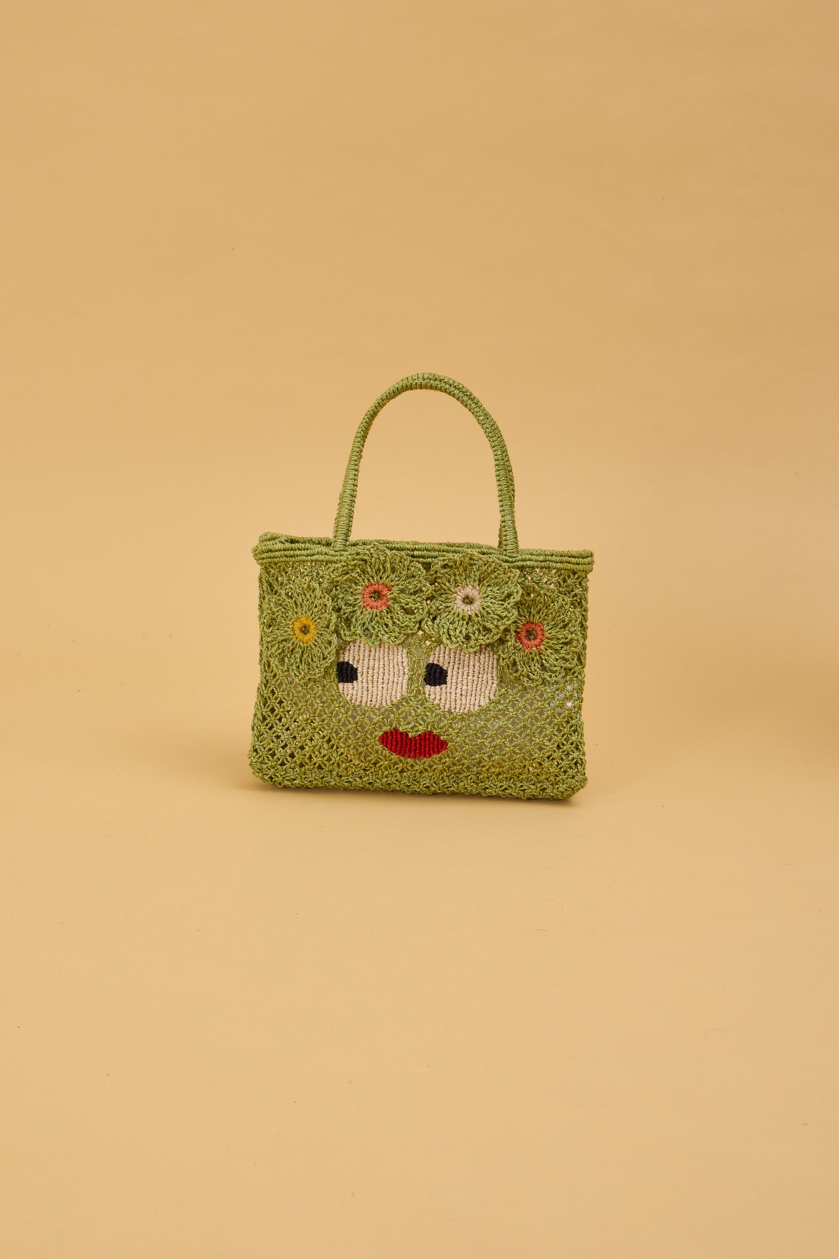 jute bag green with big eyes and flowers