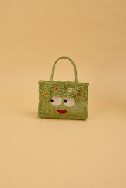 jute bag green with big eyes and flowers