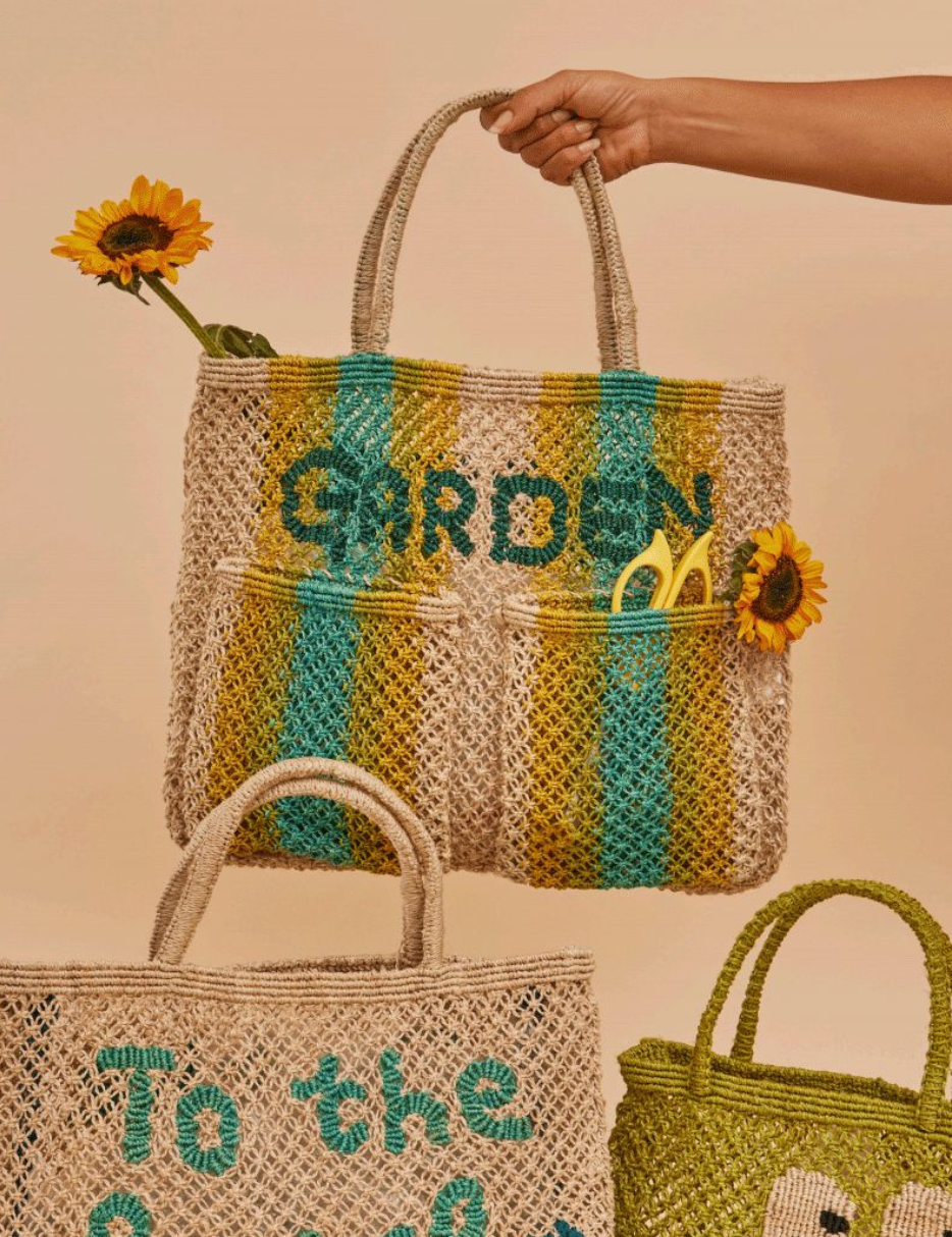 jute bag garden natural with yellow and aqua