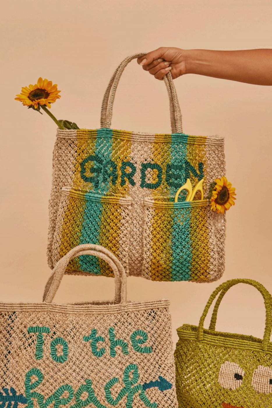 jute bag garden natural with yellow and aqua