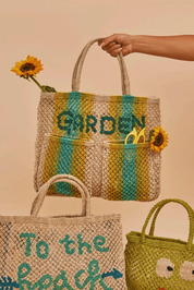 jute bag garden natural with yellow and aqua