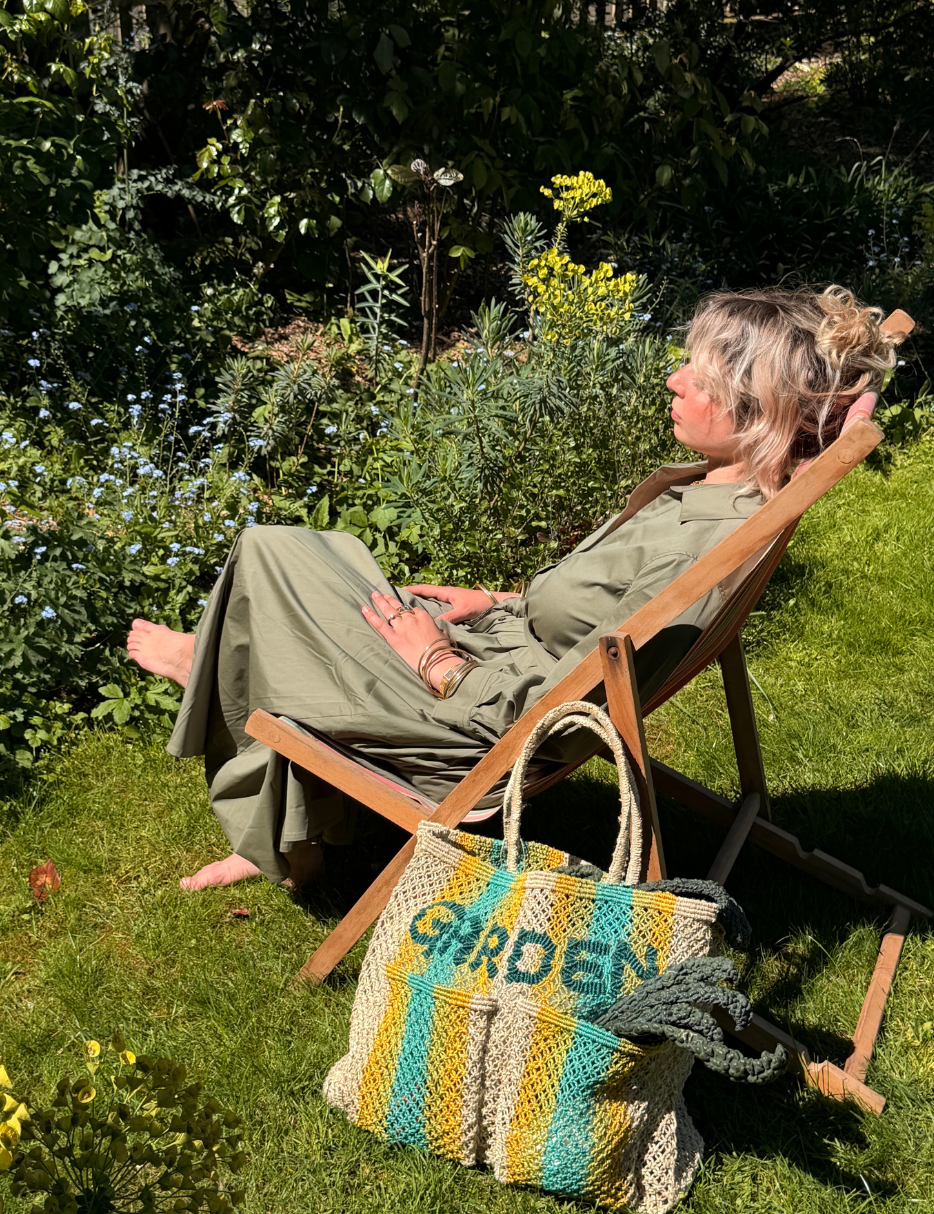 jute bag garden natural with yellow and aqua