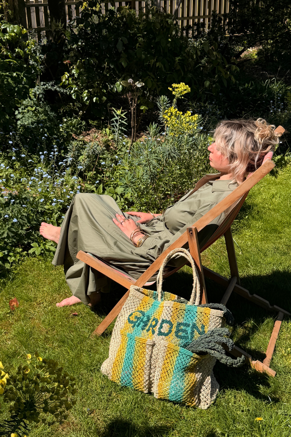 jute bag garden natural with yellow and aqua