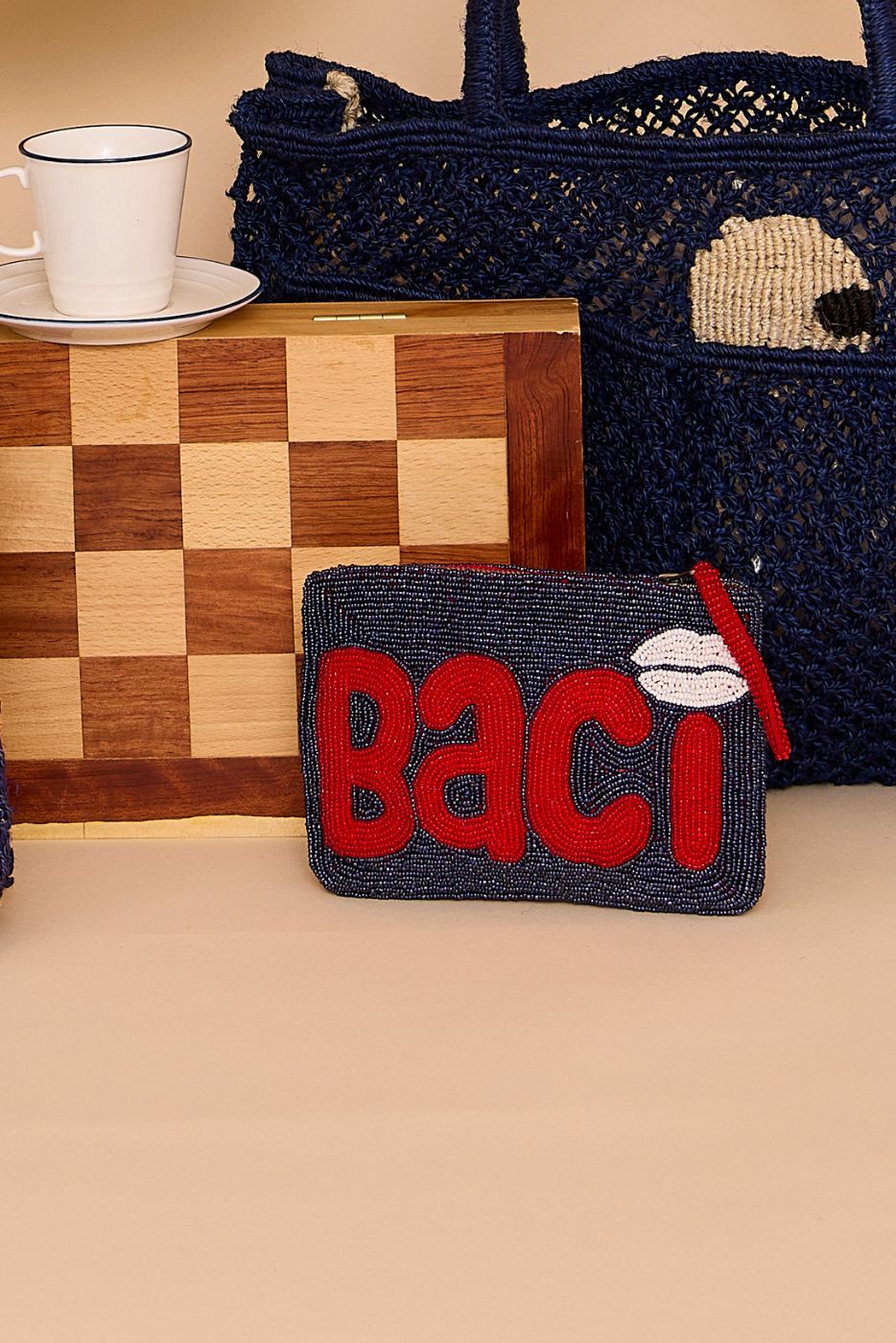 Baci mini beaded clutch - Navy and red