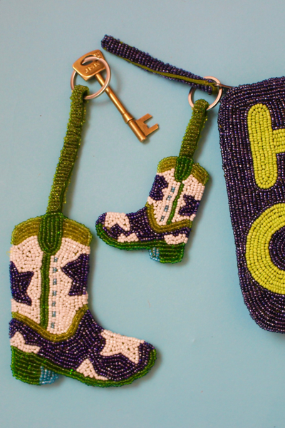 Cowboy boot beaded charm keyring - Blue