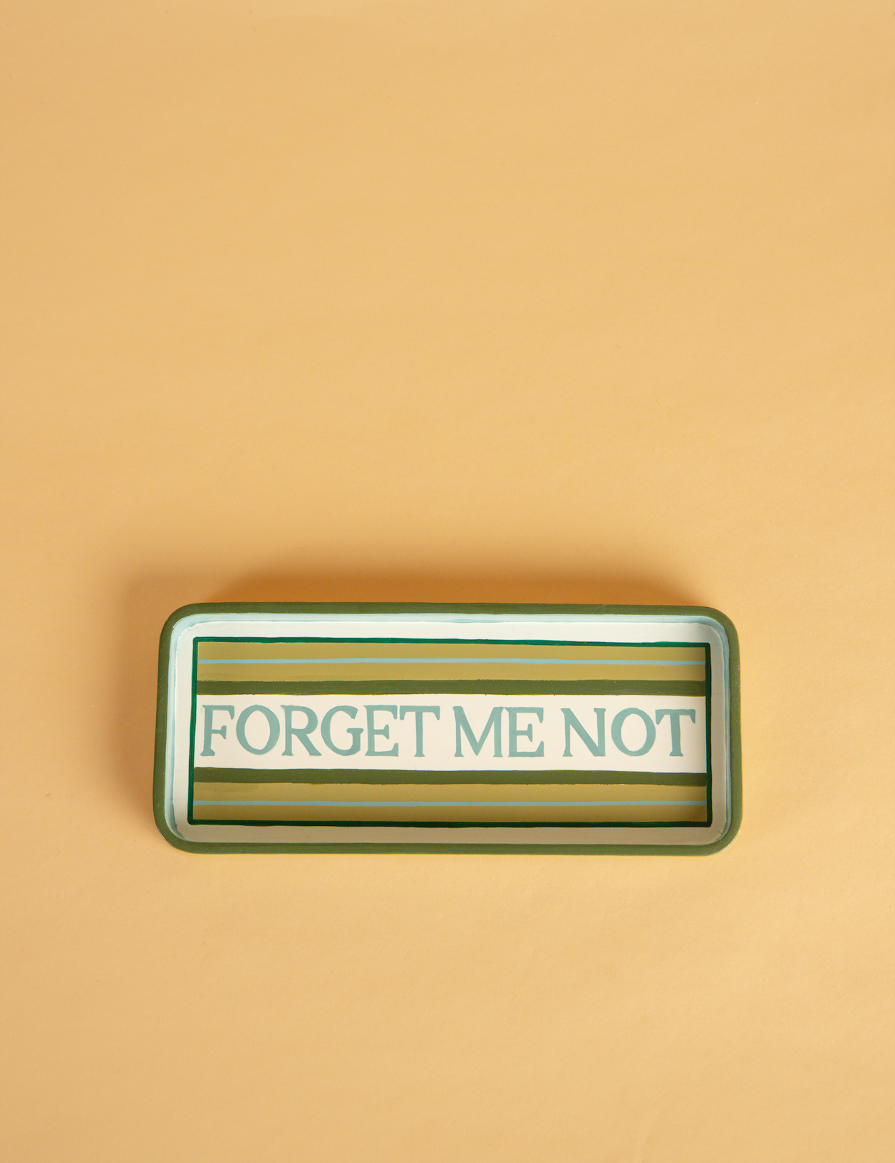 small rectangular hall tray, hand painted, with green and pale blue stripes, and "forget me not" in elegant writing 