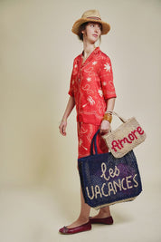 patterned red and natural shirt