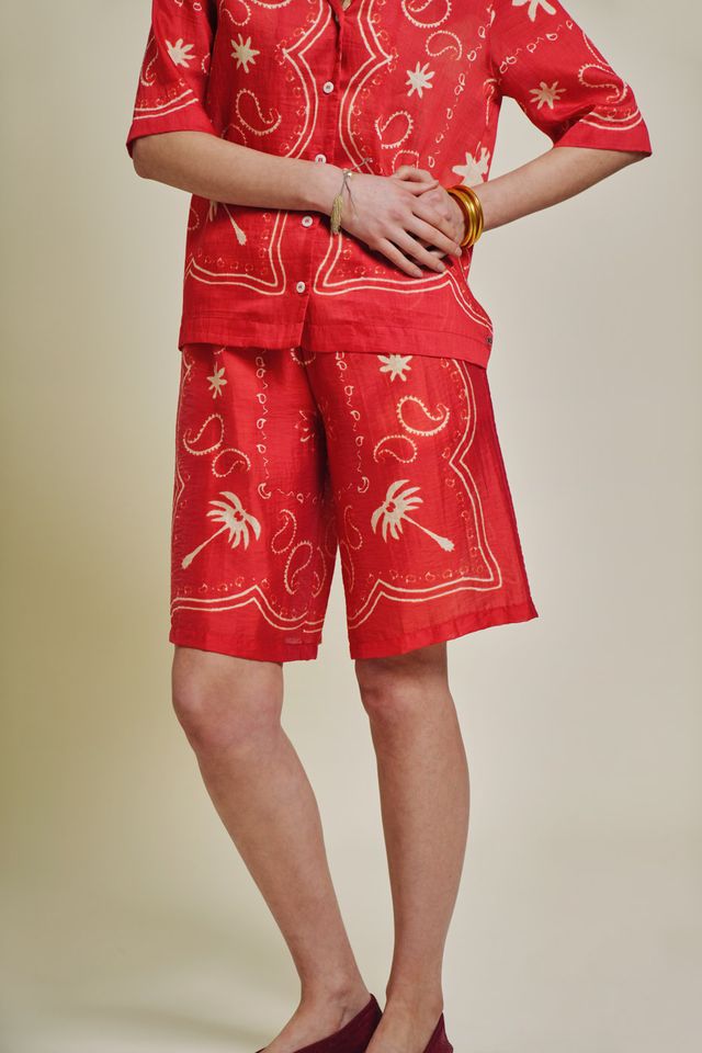 patterned red and natural shirt
