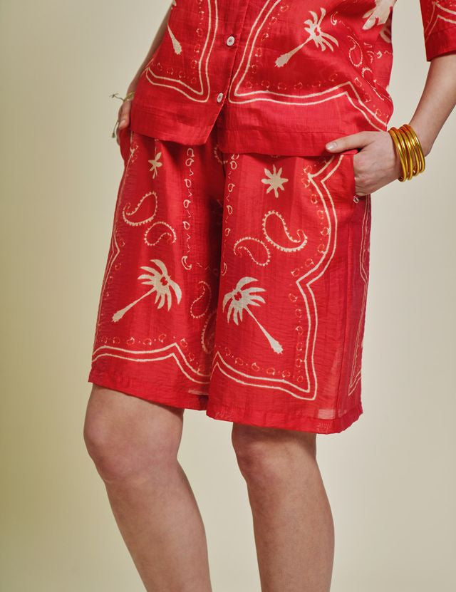 patterned red and natural shirt