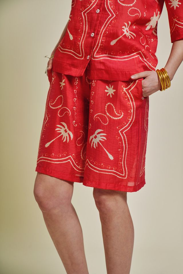 patterned red and natural shirt