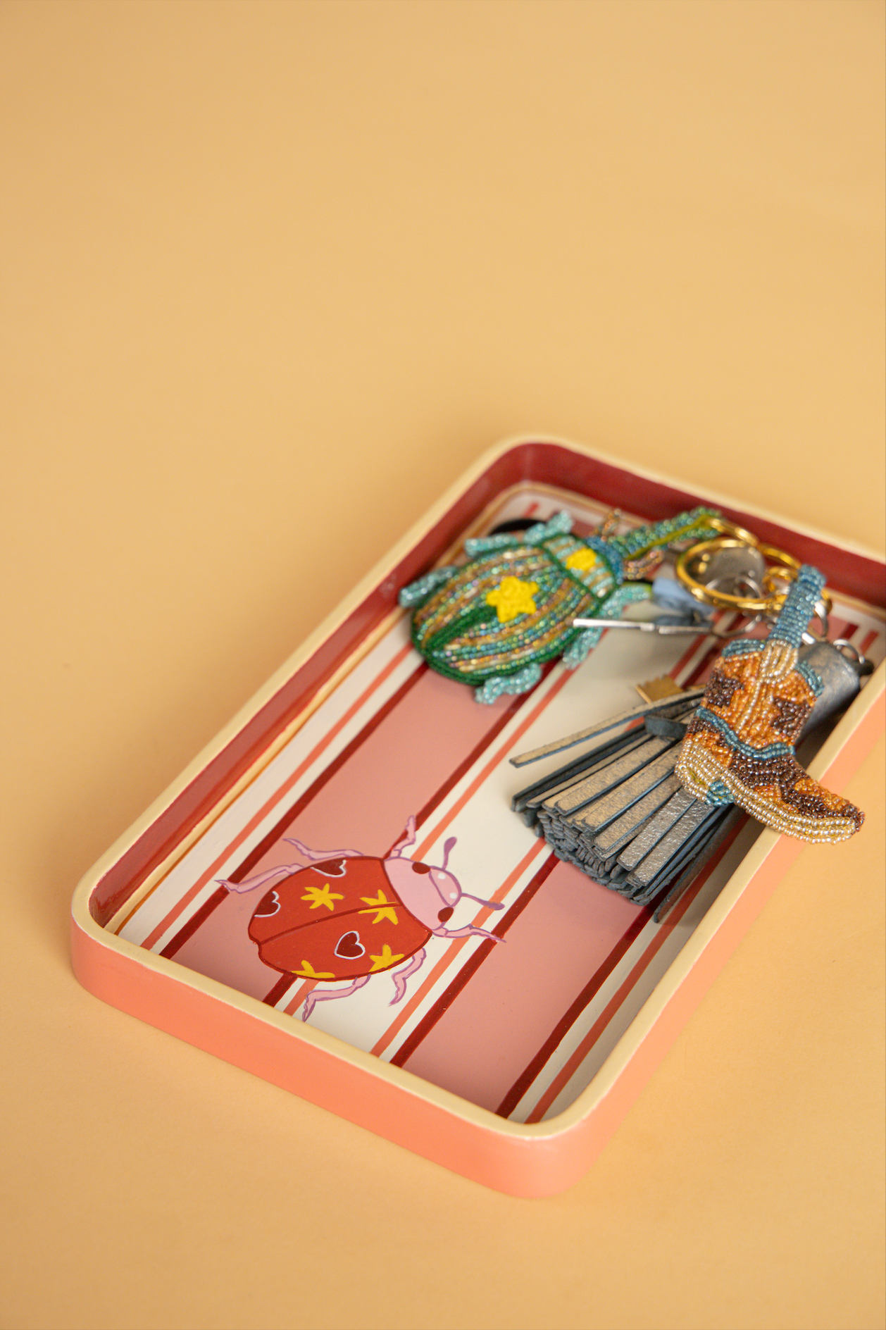 A pink rectangular handpainted wooden tray with a striped interior and ladybird illustration, holding several colorful decorative items including a green beetle-keyriaccessory, and a patterned small object, all on a warm beige background.