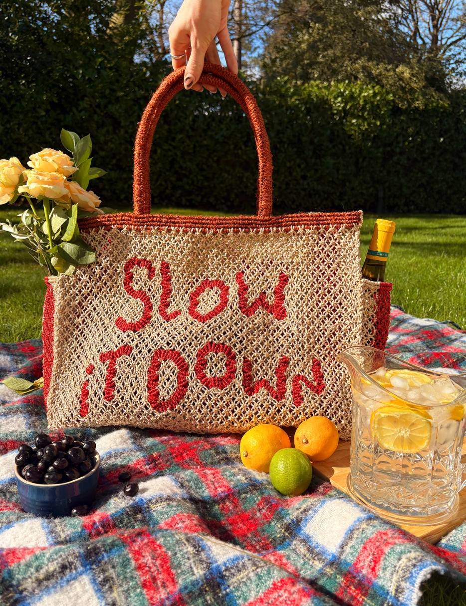 jute bag slow it down natural and red 