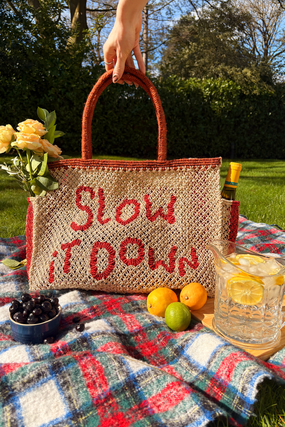 jute bag slow it down natural and red 