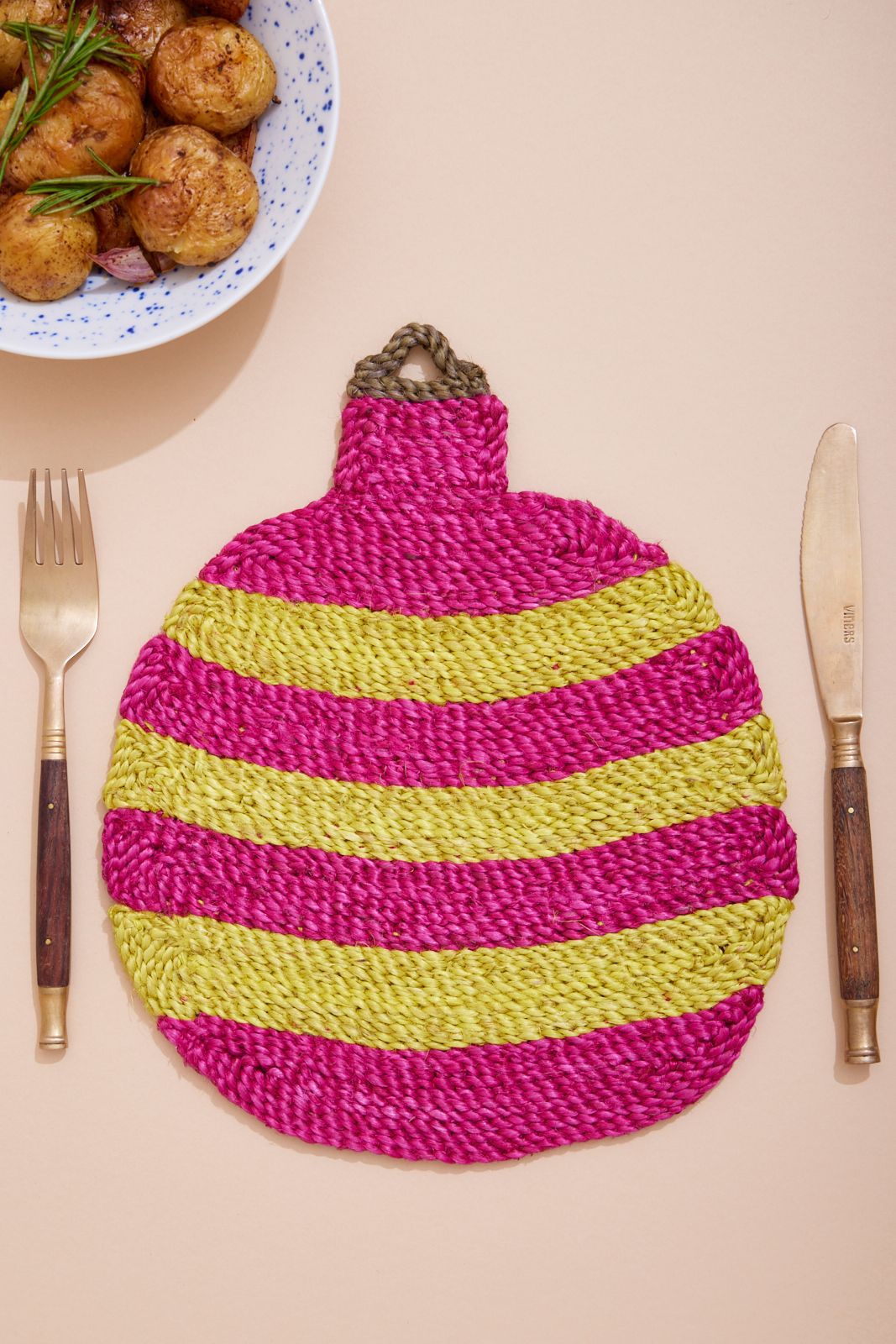 Stripe Bauble Christmas Placemat - Yellow and pink