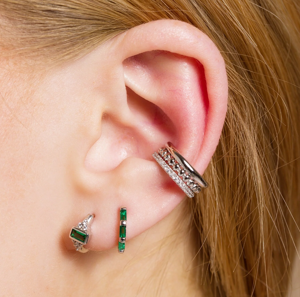 Green Baguette Huggie Earrings